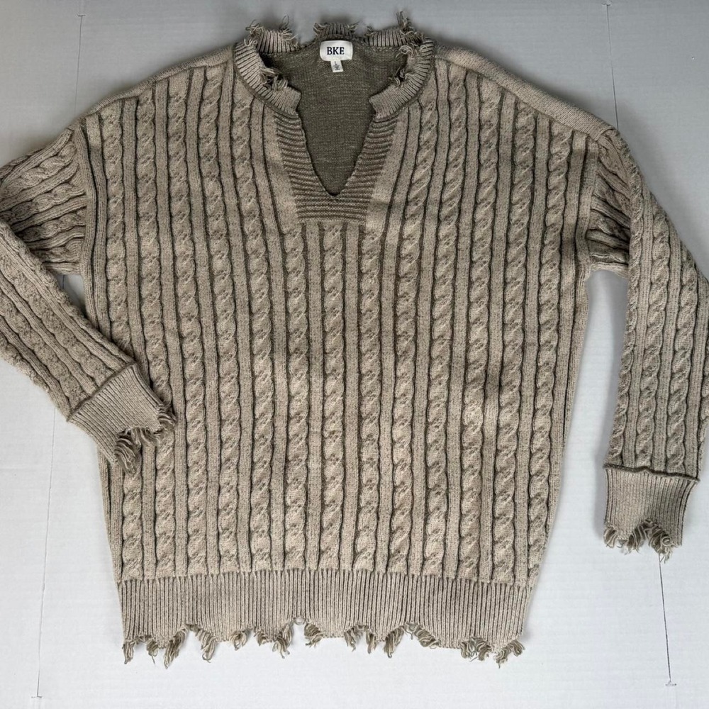 BKE Women's Tan Cable Knit Sweater Large Cozy Pullover Western